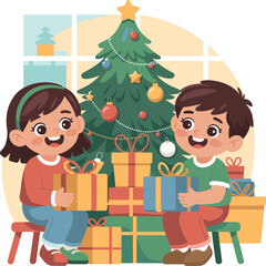 Children with Christmas presents and decorated tree