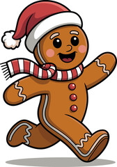Gingerbread man running with Santa hat and scarf Christmas