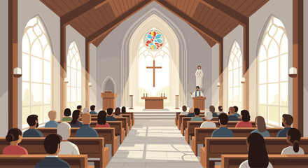 Feel the warmth of faith at a lively church service with stained glass illuminating the congregation and a pastor leading the sermon