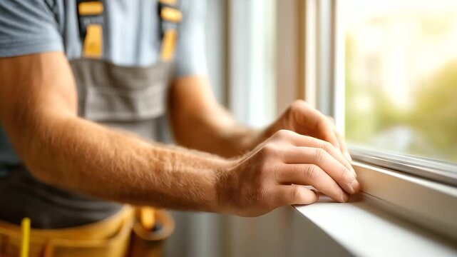 Team of craftsmen installing metal frame defocused modern windows, faceless precision work, hands visualization detail, blurred construction background, professional concept, insta