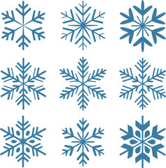 Nine Blue Snowflakes on White Background winter cold