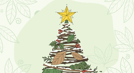 Festive holiday cheer with a charming rustic Christmas tree made of twigs and natural elements for a warm and inviting seasonal celebration