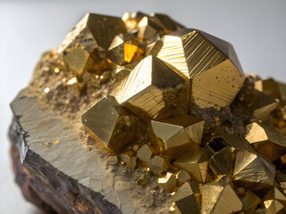 Close up of golden pyrite mineral crystals with metallic sheen and geometric facets full hd 4k stock image download