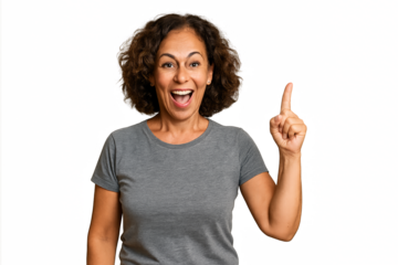 Smiling woman pointing upward