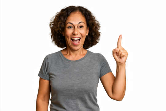 Smiling woman pointing upward