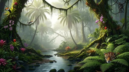 Lush Jungle Stream - A Vibrant Ecosystem of Life and Color.