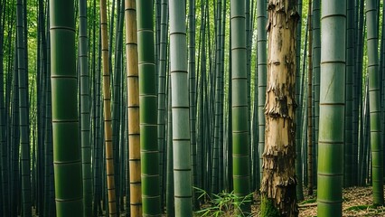 Lush bamboo forest with vibrant green stalks and natural light.