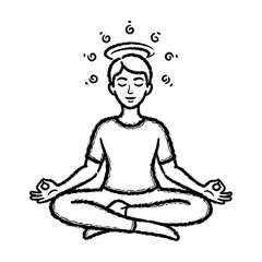 Minimalist Black Hand-Drawn Sketch of Person Meditating with Halo and Swirls
