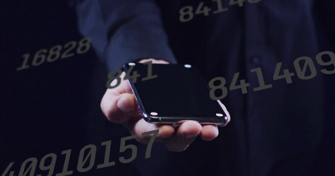 Man holding smartphone and presenting device, gesture initiating tech strings drifting across phone