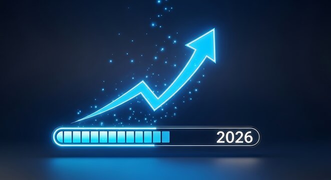 Blue neon graph arrow rising above progress bar with year 2026 loading
