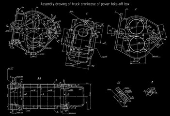 Assembly drawing of truck crankcase of power take-off box. Engineering automotive mechanical blueprint. Industrial cad scheme on paper sheet. Technology design of machine building industry. 
