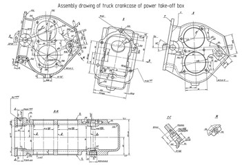 Assembly drawing of truck crankcase of power take-off box. Engineering automotive mechanical blueprint. Industrial cad scheme on white paper sheet. Technology design of machine building industry. 
