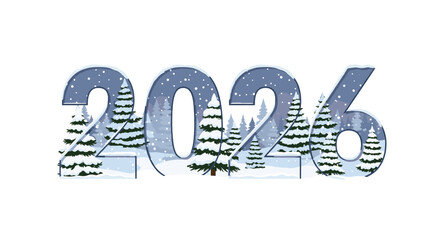 Wintery 2026 new year greeting card with snow covered evergreen trees for holiday promotions and seasonal marketing campaigns
