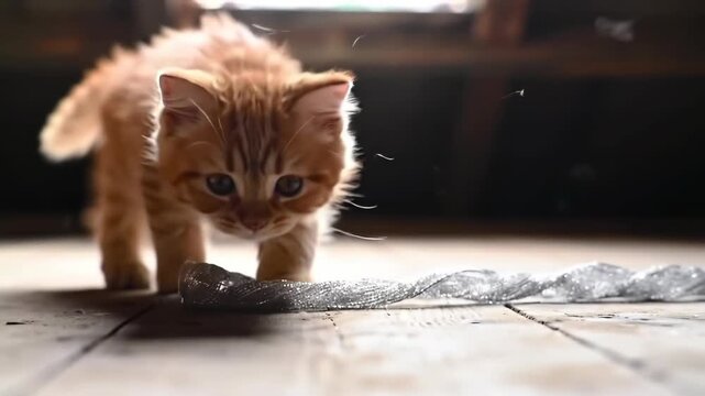 Ginger kitten playing with string on wooden floor. Cute playful kitten indoor.