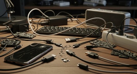 Messy desktop with broken phone screen and tangled cables, messy desktop. Messy desktop includes damaged smartphone display, scattered small electronic boards, numerous USB and power cables,