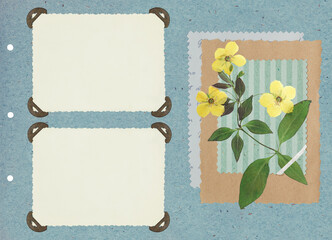 Photo album layout with empty photo frames and dried flowers. Page for stories. Scrapbook composition with floral element. Page from photo album. Pressed and dried flowers.