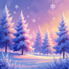 Magical Winter Forest Landscape at Sunset | Snowy Pine Trees & Pastel Sky.