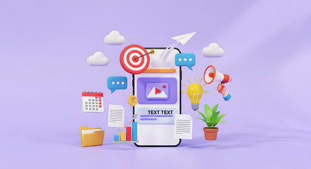 A smartphone screen surrounded by an array of digital marketing icons including a target, megaphone, and calendar