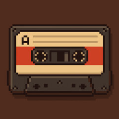 Retro pixel art cassette tape with a vintage design on a brown background
