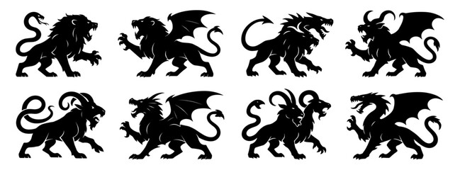 Chimera silhouettes combining lions dragons goats and serpents. The silhouettes are created with very clean lines and carefully balanced proportions, highlighting the high quality of the work