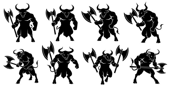 Minotaur silhouettes holding heavy axes in combat ready stances. Muscular bodies and strong horns create a heroic mythic presence