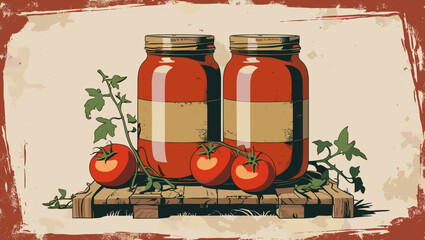 Rustic jars of tomato sauce with fresh tomatoes on a wooden pallet
