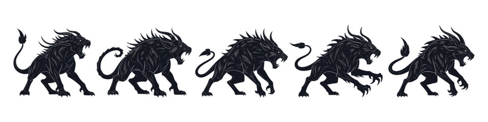 Fototapeta premium Mythical beast silhouettes with fierce postures and sharp contours. The silhouettes are created with very clean lines and carefully balanced proportions, highlighting the high quality of the work