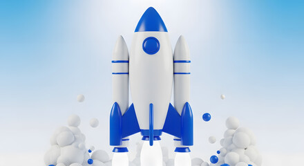 A white and blue rocket launches skyward, symbolizing startup innovation and accelerated business progress