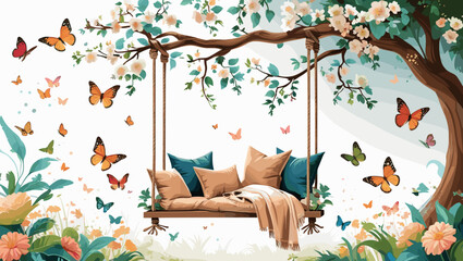 Cozy swing beneath a flowering tree surrounded by colorful butterflies and blooming flowers
