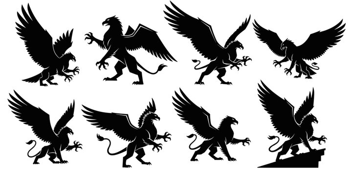 Majestic griffin silhouettes with strong wings and dynamic poses. Sharp edges and polished contours ensure top tier silhouette quality. Ideal for heraldry, fantasy art, and logos