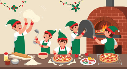 Delightful Christmas elves joyfully preparing savory pizzas in a cozy brick oven kitchen ready for the holiday feast and festive celebrations