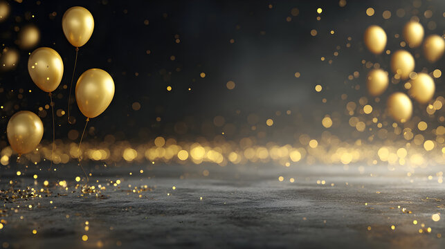 Elegant celebration scene with golden balloons floating on a sparkling background - Powered by Adobe