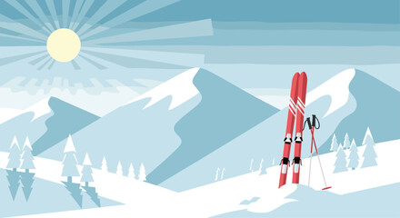 Dreamy winter escape to snow-capped mountains with skis ready for adventure, sunlight shining on pristine slopes for a holiday getaway