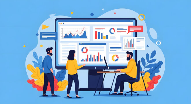 Business team collaborating around a computer screen analyzing data charts for strategic planning and market insights