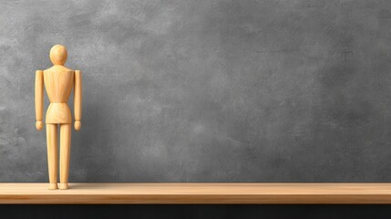 A wooden mannequin stands on a shelf against a textured gray wall, symbolizing creativity and design in art or modeling.