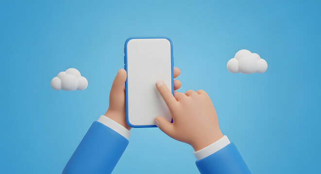 Cartoon hands holding and touching a blank smartphone screen with floating clouds, signifying mobile connectivity