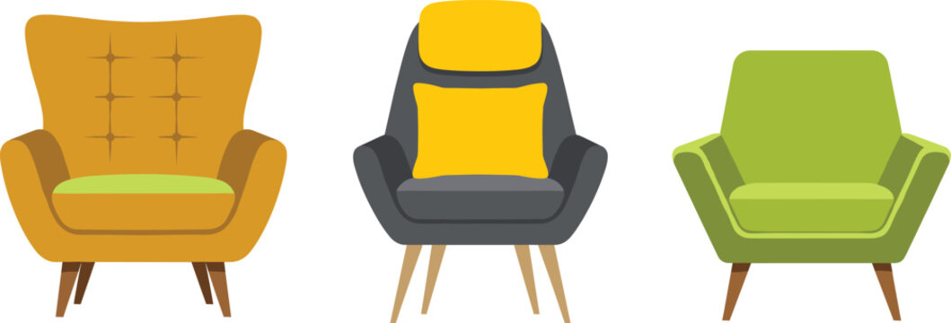 Modern cozy armchair vector set featuring stylish upholstered chairs with cushions and wooden legs, perfect for home decor, interior design, and furniture illustrations