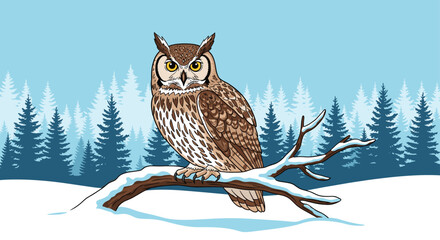 Magnificent owl perched on a snow-covered branch with a forest backdrop, perfect for winter holiday cards or educational wildlife projects