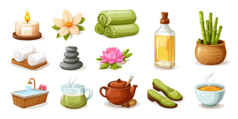 Collection of spa and wellness items including massage stones towels oil and tea for relaxation