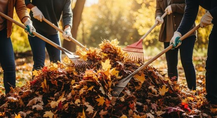 Raking leaves with metal rakes shows group of people working in golden autumn season. Raking leaves together with wooden handles is perfect collaboration for garden cleanup.