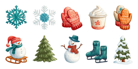 Collection of festive winter holiday icons including snowflakes snowman christmas tree ice skates and mitten