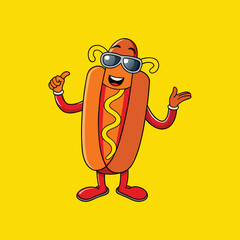 Cool hot dog cartoon vector illustration fast food character with sunglasses concept isolated on yellow background