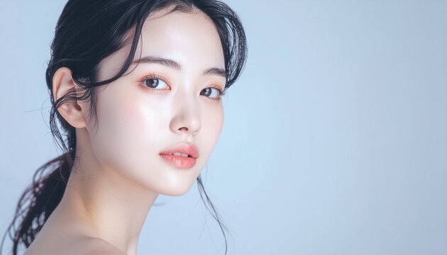 日本人, 清楚な若い女性, 横顔, ナチュラルな笑顔, 柔らかい光, 白背景, 透明感ある肌, 美容広告スタイル Japanese, modest young woman, side profile, natural smile, soft light, white background, translucent skin, beauty ad style	
