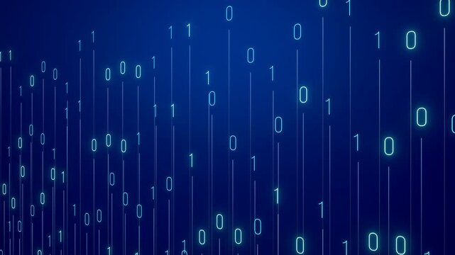 Close up abstract binary code moving up and down agains blue background. Digital, technology, data, encryption, process. 3D animation