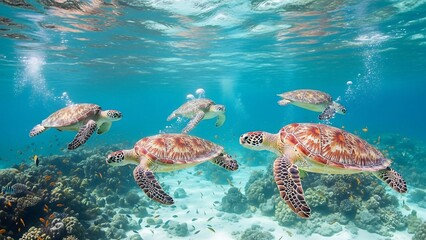Sea turtles swimming in crystal clear turquoise water.