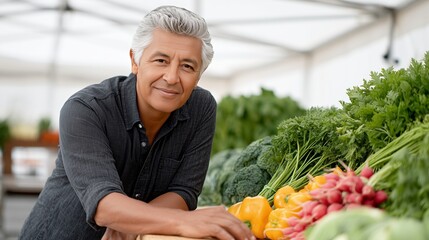 Hispanic man with gray hair, smiling while leaning over a wooden table filled with fresh vegetables, showcasing vibrant produce in a market setting with natural light