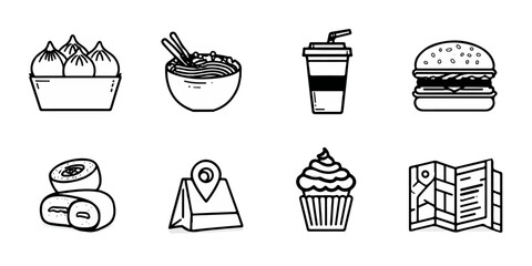 Collection of hand drawn icons representing food drinks and travel elements for design