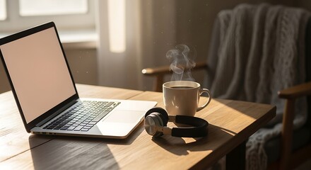 Peaceful remote work or study concept with a laptop and hot coffee in a cozy sunlit room