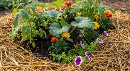 Raised garden bed filled with vibrant marigolds and mixed vegetation growing in straw. Raised garden bed featuring zucchini plants with yellow and orange blossoms, flourishing in straw mulch.