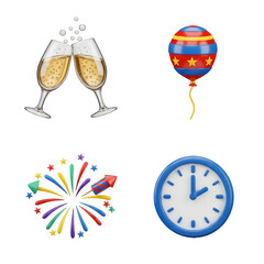 Celebration icons set with champagne glasses, party balloon, fireworks, and clock at midnight, perfect for New Year's Eve and festive events